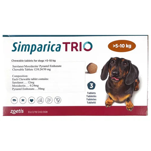 Zoetis Simparica Trio Tick and Flea Control Tablet for Dogs (5–10 kg)
