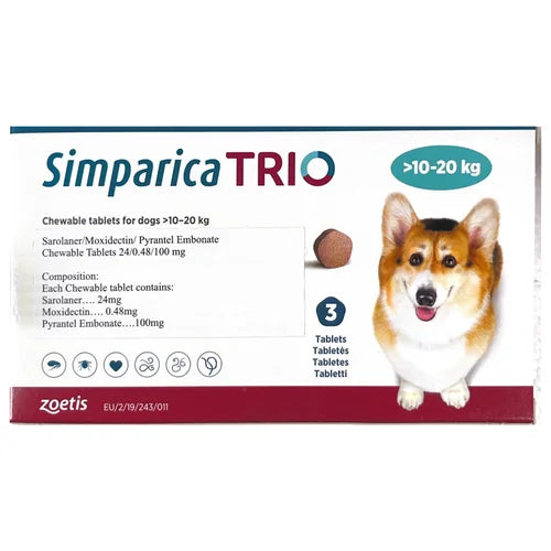 Zoetis Simparica Trio Tick and Flea Control Tablet for Dogs (10–20 kg)