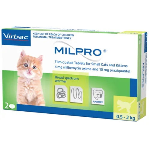 Virbac Milpro dewormer for small cats and kittens, 0.5kg to 2kg, in a box with dosing instructions and product branding.
