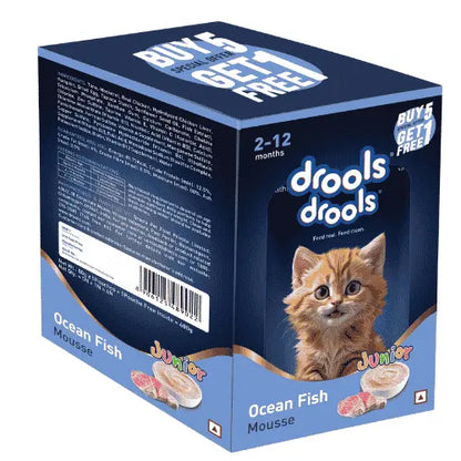 A box of drools drools Junior Ocean Fish Mousse cat food, designed for 2-12 month old cats. The packaging is dark blue with a picture of a cute orange kitten on the front, alongside illustrations of the fish mousse product itself.