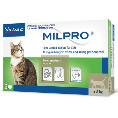 Virbac Milpro dewormer tablets for cats above 2kg, showing the packaging and tablets suitable for feline parasite treatment.