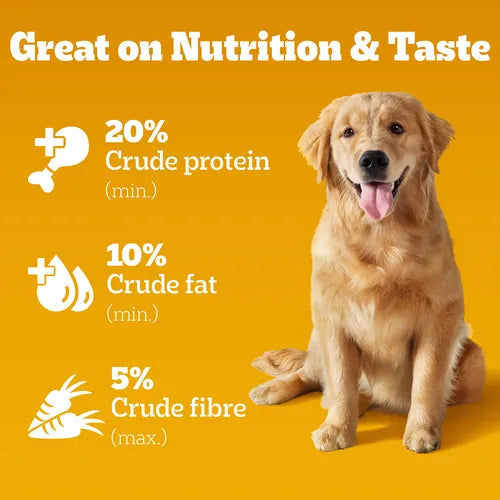 Pedigree Chicken Biryani Flavour adult dog dry food bag with image of kibble and chicken flavor ingredients.