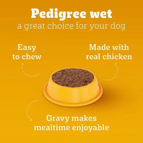 Pedigree chicken and liver chunks in gravy adult dog wet food, 130g, served in a bowl with fresh ingredients visible.