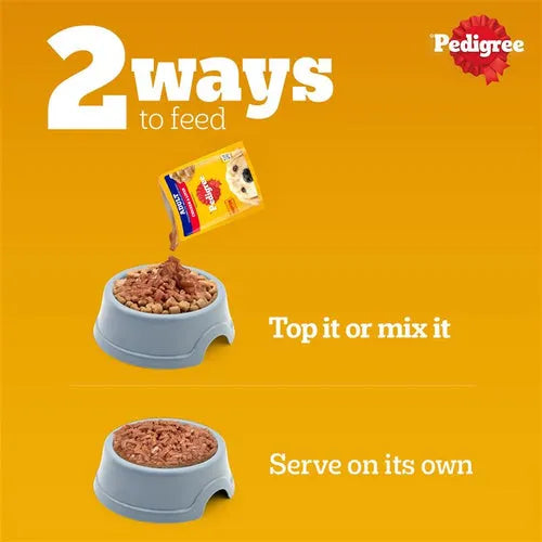Pedigree Chicken and Liver Chunks in Gravy adult dog wet food pouch, 70g, featuring tender meat pieces in savory gravy.